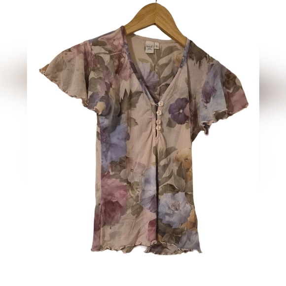 Pink and Tan Ruffled Short Sleeve Blouse - Picture 1 of 4